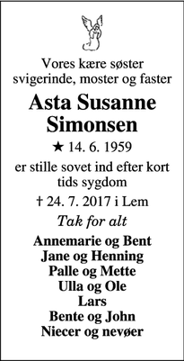 Dødsannoncen for Asta Susanne Simonsen - Skjern