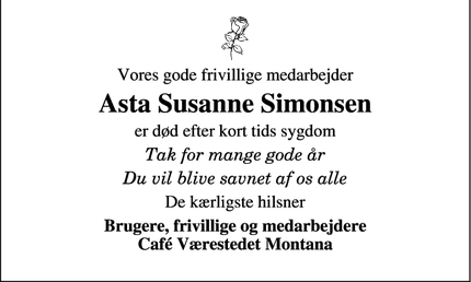 Dødsannoncen for Asta Susanne Simonsen - Lem