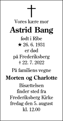 Dødsannoncen for Astrid Bang - Frederiksberg