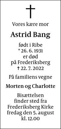 Dødsannoncen for Astrid Bang - Frederiksberg