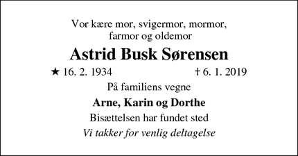 Dødsannoncen for Astrid Busk Sørensen - Skovlunde