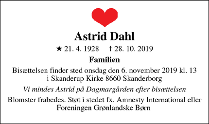 Dødsannoncen for Astrid Dahl - Skanderborg