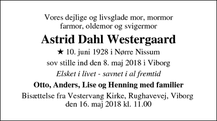Dødsannoncen for Astrid Dahl Westergaard - Charlottenlund