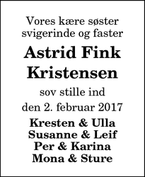 Dødsannoncen for Astrid Fink Kristensen - Snedsted