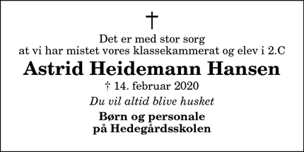 Dødsannoncen for Astrid Heidemann Hansen - Brønderslev