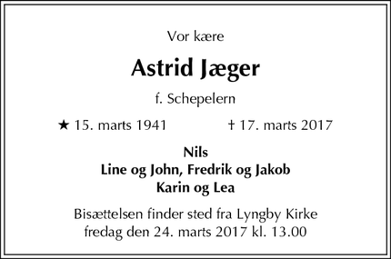 Dødsannoncen for Astrid Jæger - Kgs. Lyngby
