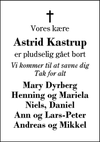 Dødsannoncen for Astrid Kastrup - Herning