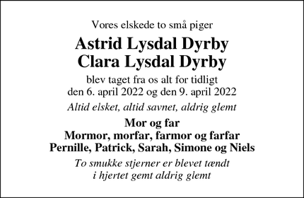 Dødsannoncen for Astrid Lysdal Dyrby
Clara Lysdal Dyrby - Tommerup