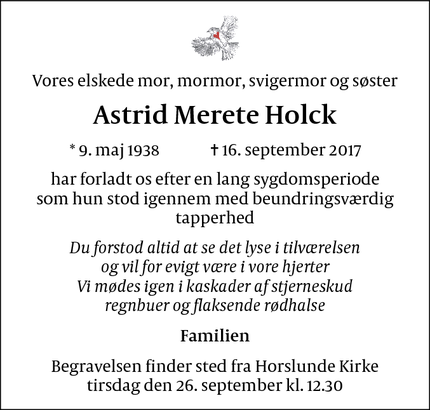 Dødsannoncen for Astrid Merete Holck - Horslunde