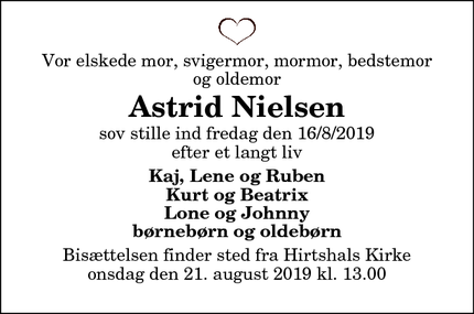 Dødsannoncen for Astrid Nielsen - Hirtshals