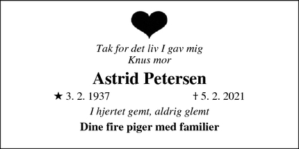 Dødsannoncen for Astrid Petersen - Herlev