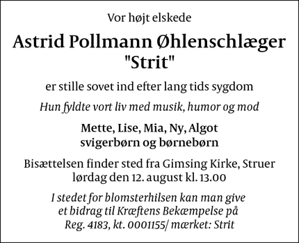 Dødsannoncen for Astrid Pollmann Øhlenschlæger
"Strit" - Hjerm
