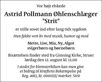 Dødsannoncen for Astrid Pollmann Øhlenschlæger
"Strit" - Hjerm