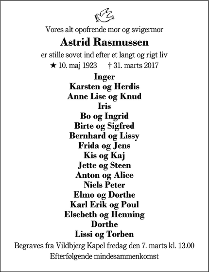 Dødsannoncen for Astrid Rasmussen - Vildbjerg