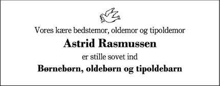 Dødsannoncen for Astrid Rasmussen - Vildbjerg