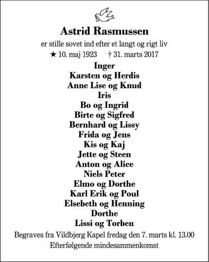 Dødsannoncen for Astrid Rasmussen - Vildbjerg