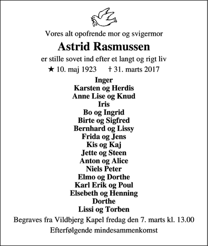 Dødsannoncen for Astrid Rasmussen - Vildbjerg