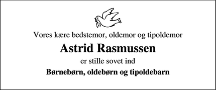 Dødsannoncen for Astrid Rasmussen - Vildbjerg