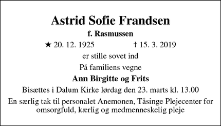 Dødsannoncen for Astrid Sofie Frandsen - Odense