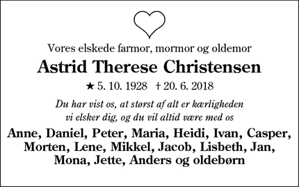 Dødsannoncen for Astrid Therese Christensen - Esbjerg