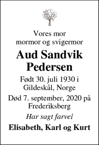 Dødsannoncen for Aud Sandvik Pedersen - Frederiksberg 