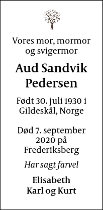 Dødsannoncen for Aud Sandvik Pedersen - Frederiksberg 