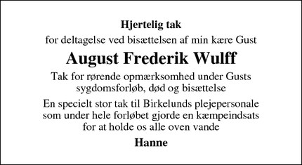 Taksigelsen for August Frederik Wulff - Juelsminde