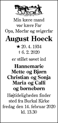 Dødsannoncen for August Hoeck - Burkal