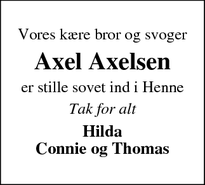 Dødsannoncen for Axel Axelsen - Varde
