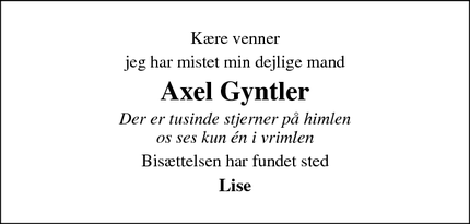 Dødsannoncen for Axel Gyntler - Slangerup