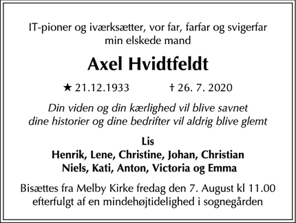 Dødsannoncen for Axel Hvidtfeldt - Hellerup