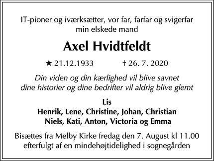 Dødsannoncen for Axel Hvidtfeldt - Hellerup