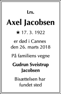 Dødsannoncen for  Axel Jacobsen - Cannes la Bocca
