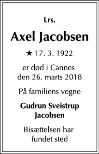 Dødsannoncen for Axel Jacobsen - Cannes la Bocca