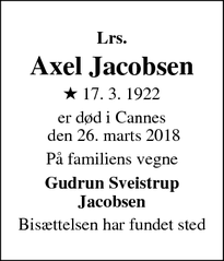 Dødsannoncen for Axel Jacobsen - Cannes la Bocca