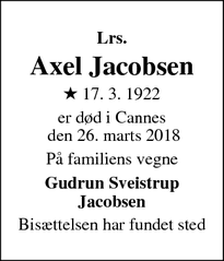 Dødsannoncen for  Axel Jacobsen - Cannes la Bocca