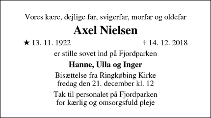 Dødsannoncen for Axel Nielsen - Ringkøbing