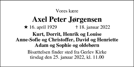 Dødsannoncen for Axel Peter Jørgensen - Asnæs