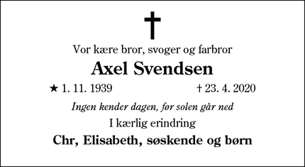 Dødsannoncen for Axel Svendsen - Bække