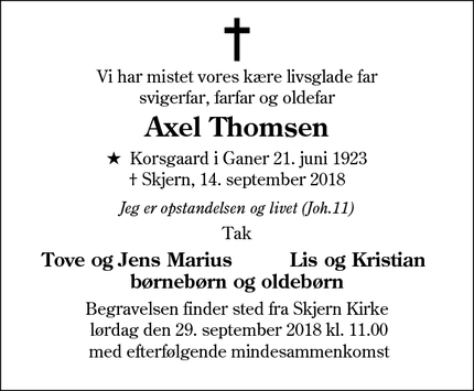 Dødsannoncen for Axel Thomsen - Skjern