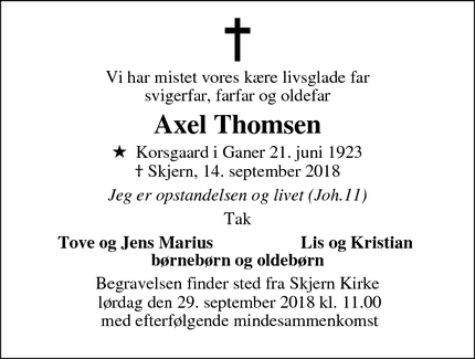 Dødsannoncen for Axel Thomsen - Skjern