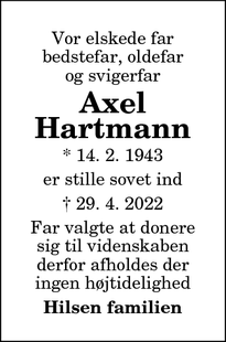 Dødsannoncen for Axel
Hartmann - Vrå