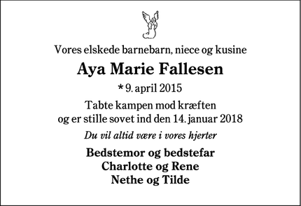 Dødsannoncen for Aya Marie Fallesen - Egtved