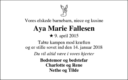 Dødsannoncen for Aya Marie Fallesen - Egtved