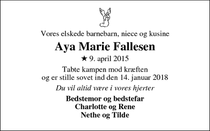 Dødsannoncen for Aya Marie Fallesen - Egtved