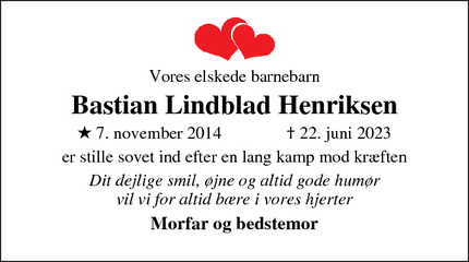 Dødsannoncen for Bastian Lindblad Henriksen - Frederiksværk