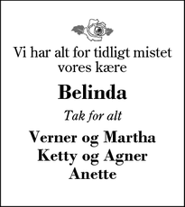 Dødsannoncen for Belinda - Sunds