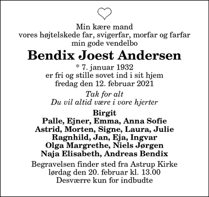 Dødsannoncen for Bendix Joest Andersen - Astrup