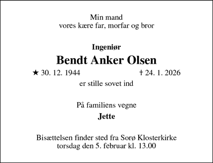 Dødsannoncen for Bendt Anker Olsen - Sorø