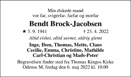 Dødsannoncen for Bendt Brock-Jacobsen - Odense